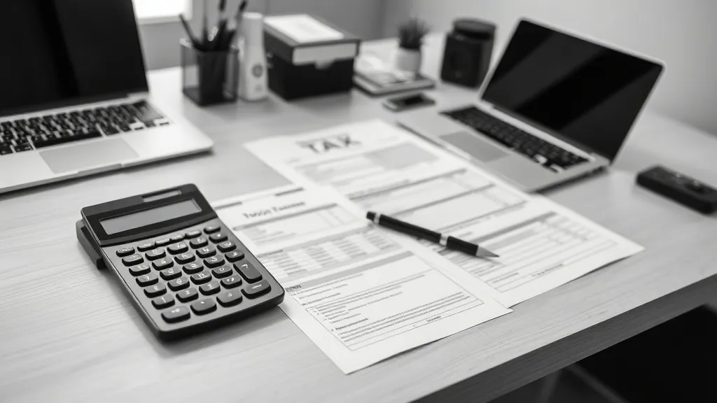 A professional office desk with a calculator, tax forms, and