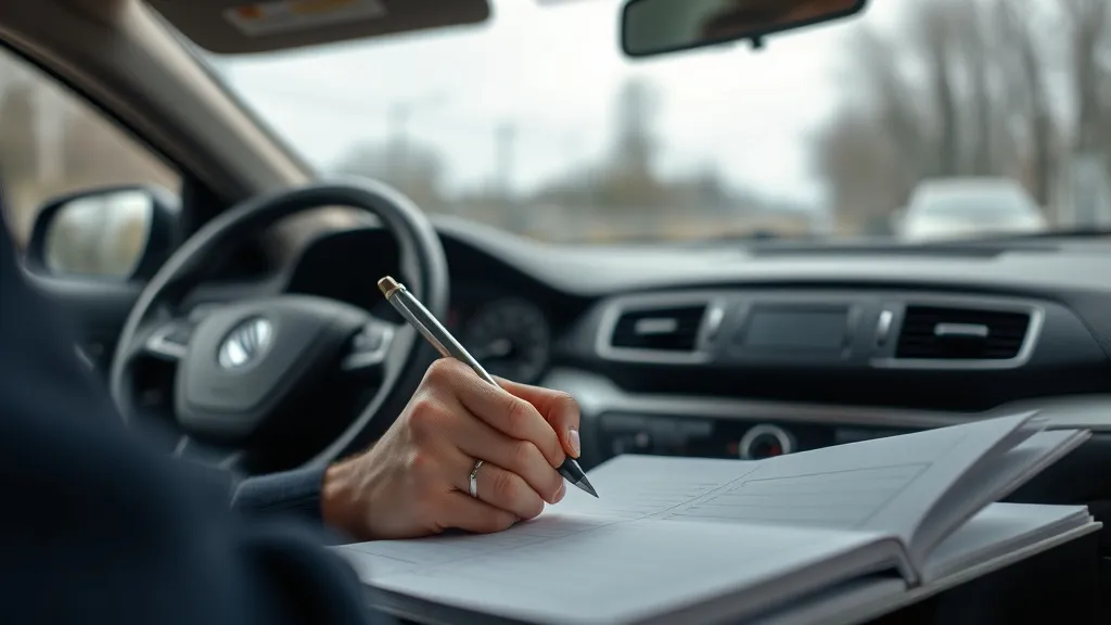 Close up of a driver writing in a paper logbook inside a car