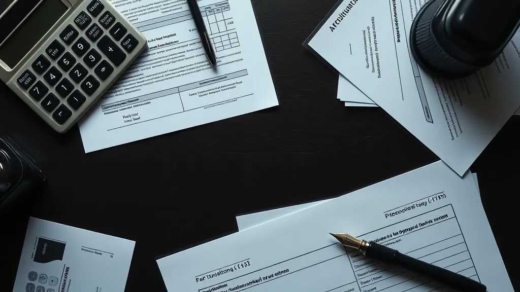 A high-quality top-down view of professional tax forms, a ca